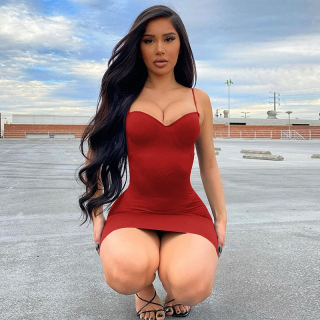 Dulzura Solid Women Strap Mini Dress Bodycon Sexy Streetwear Party Club Elegant 2021 Summer Clothes Basic Slim Fashion Casual