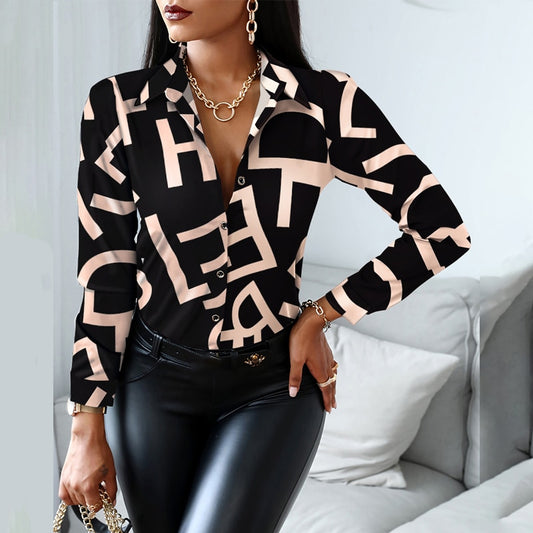 2021 Women Fashion Shirt Lady Long Sleeve Blouse Turn-down CollarButton Design Print Casual Shirts