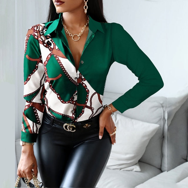 2021 Women Fashion Shirt Lady Long Sleeve Blouse Turn-down CollarButton Design Print  Casual Shirts