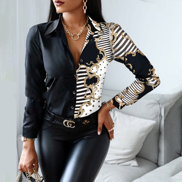 2021 Women Fashion Shirt Lady Long Sleeve Blouse Turn-down CollarButton Design Print  Casual Shirts