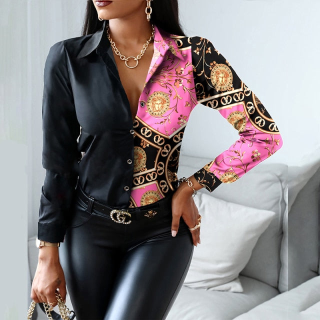 2021 Women Fashion Shirt Lady Long Sleeve Blouse Turn-down CollarButton Design Print  Casual Shirts