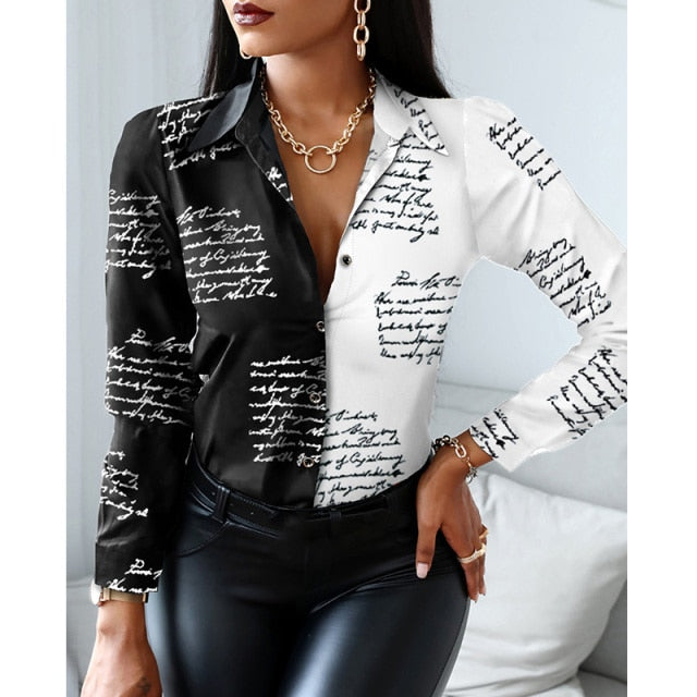 2021 Women Fashion Shirt Lady Long Sleeve Blouse Turn-down CollarButton Design Print  Casual Shirts