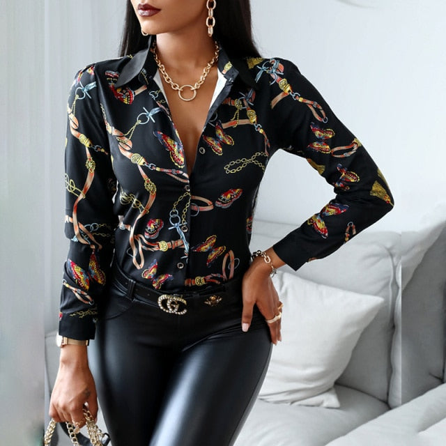 2021 Women Fashion Shirt Lady Long Sleeve Blouse Turn-down CollarButton Design Print  Casual Shirts