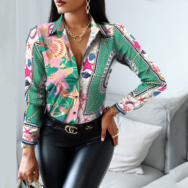 2021 Women Fashion Shirt Lady Long Sleeve Blouse Turn-down CollarButton Design Print  Casual Shirts