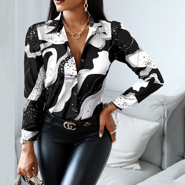 2021 Women Fashion Shirt Lady Long Sleeve Blouse Turn-down CollarButton Design Print  Casual Shirts