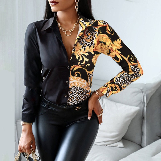 2021 Women Fashion Shirt Lady Long Sleeve Blouse Turn-down CollarButton Design Print  Casual Shirts