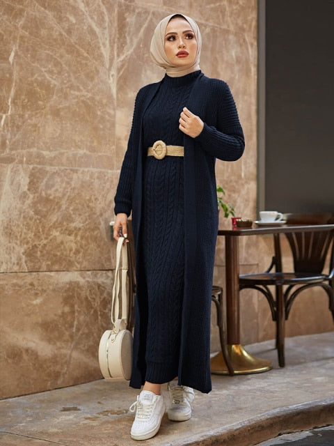 Women Dress New Season Autumn Winter 2 Piece Hijab Knitwear Suit Islamic Muslim Clothing Long Cardigan Model Made in Turkey