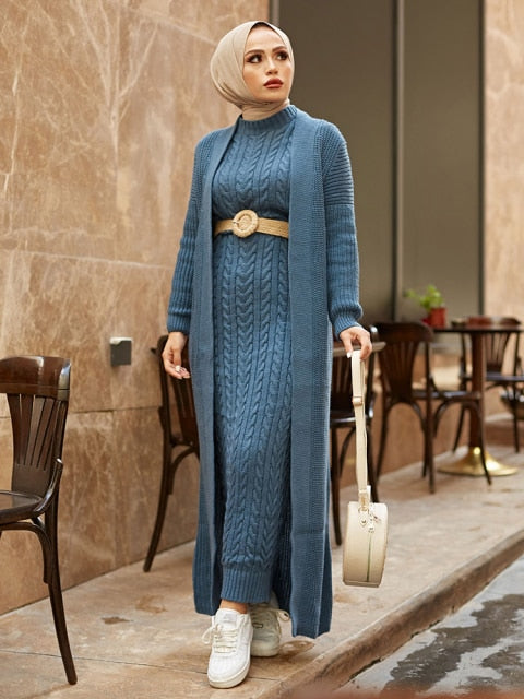 Women Dress New Season Autumn Winter 2 Piece Hijab Knitwear Suit Islamic Muslim Clothing Long Cardigan Model Made in Turkey