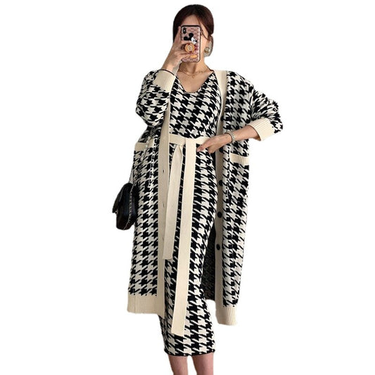 New Fall Women 2 Piece Sexy Dress Sets Houndstooth Plaid Straps V Neck Knit Sling Dress&Long Sweater Cardigan 2pc Matching Suits
