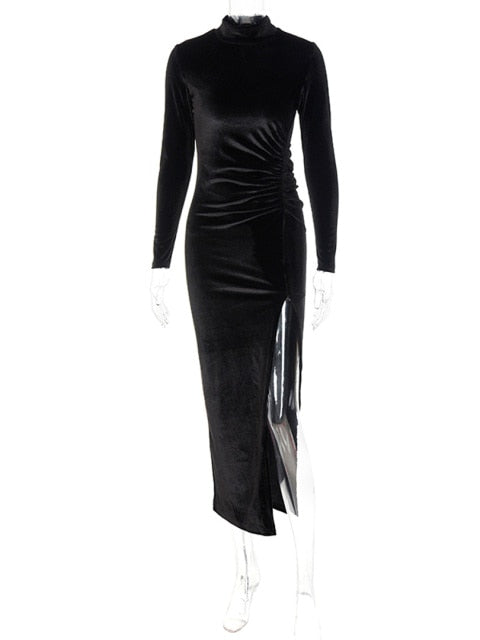 Dulzura 2021 Autumn Winter Women Solid Velvet Long Sleeve Ruched Midi Dress Side Slit Bodycon Sexy Streetwear Party Elegant Club