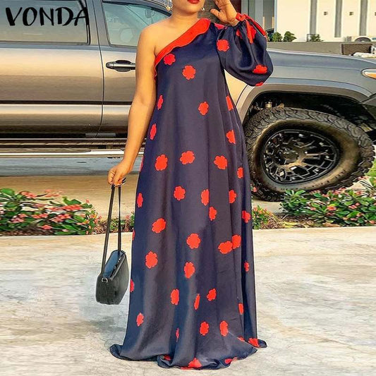 Women Summer Sundress Floral Print Party Maxi Dress 2021 VONDA Vintage Style One Shoulder Sexy Dress Vestidos
