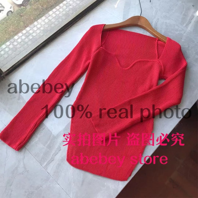 2021 new spring and summer fashion women clothes sqaure collar full sleeves elastic high waist sexy pullover WK080