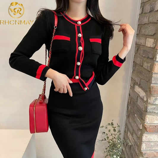 New Autumn Women Fashion Designer Skirt Set Long Sleeve Pockets Tops + High Waist Knee Skirt Knitting 2 Two Pieces Suits