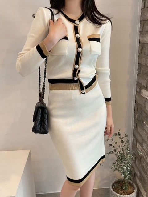 New Autumn Women Fashion Designer Skirt Set Long Sleeve Pockets Tops + High Waist Knee Skirt Knitting 2 Two Pieces Suits