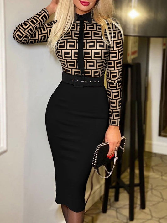 Shein Romwe Y2K Print Long Sleeve Tie Detail Work Elegant With Belt Bodycon Midi Vestidos De Mujer Casual Feminine The Dress