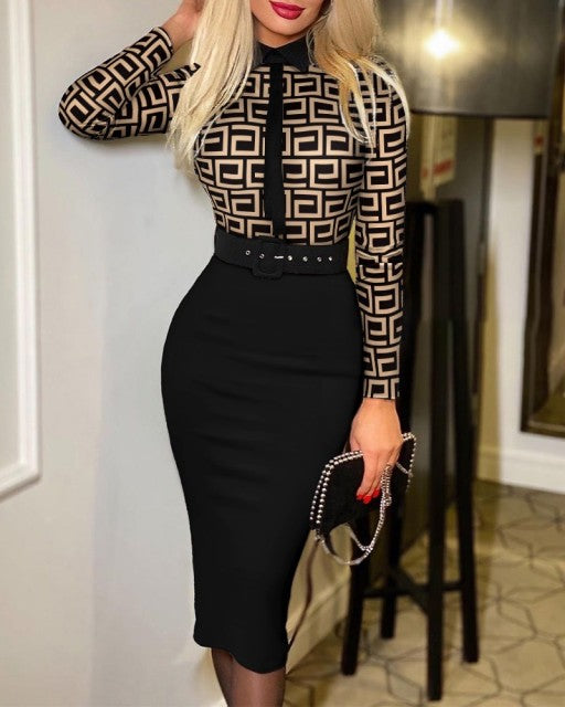 Shein Romwe Y2K Print Long Sleeve Tie Detail Work Elegant With Belt Bodycon Midi Vestidos De Mujer Casual Feminine The Dress