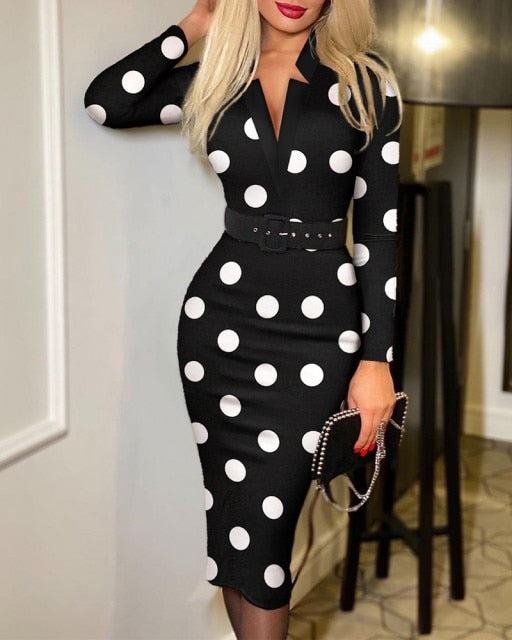 Shein Romwe Y2K Print Long Sleeve Tie Detail Work Elegant With Belt Bodycon Midi Vestidos De Mujer Casual Feminine The Dress