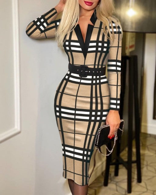 Shein Romwe Y2K Print Long Sleeve Tie Detail Work Elegant With Belt Bodycon Midi Vestidos De Mujer Casual Feminine The Dress