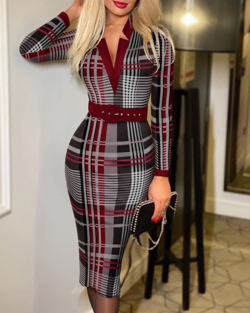 Shein Romwe Y2K Print Long Sleeve Tie Detail Work Elegant With Belt Bodycon Midi Vestidos De Mujer Casual Feminine The Dress