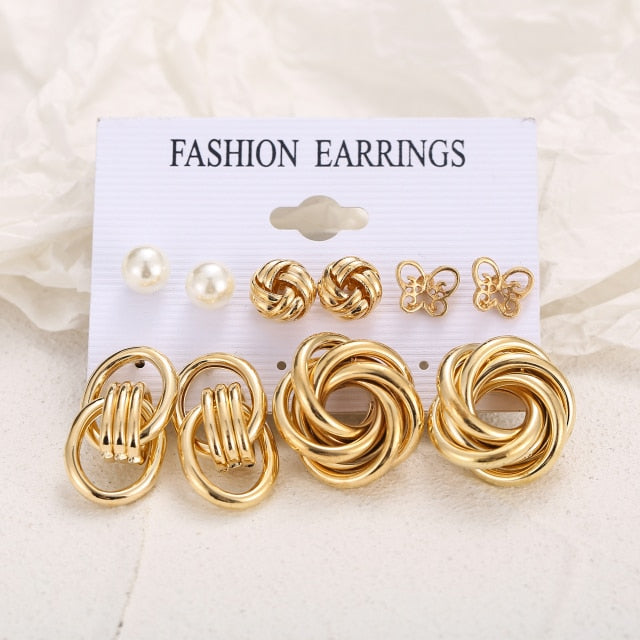 Trendy Exquisite Pearl Metal Earrings Set For Women Geometric Circle Dangle Drop Earrings Acrylic Set of Earrings Jewelry
