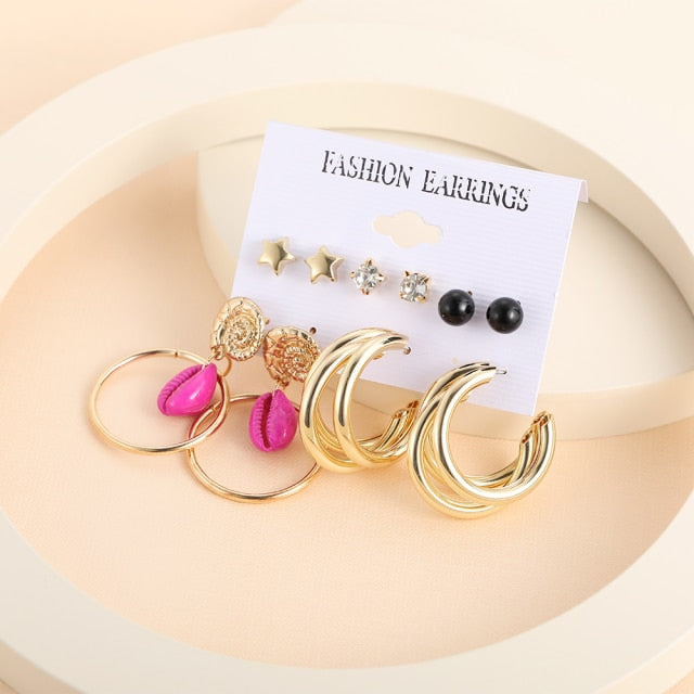 Trendy Exquisite Pearl Metal Earrings Set For Women Geometric Circle Dangle Drop Earrings Acrylic Set of Earrings Jewelry