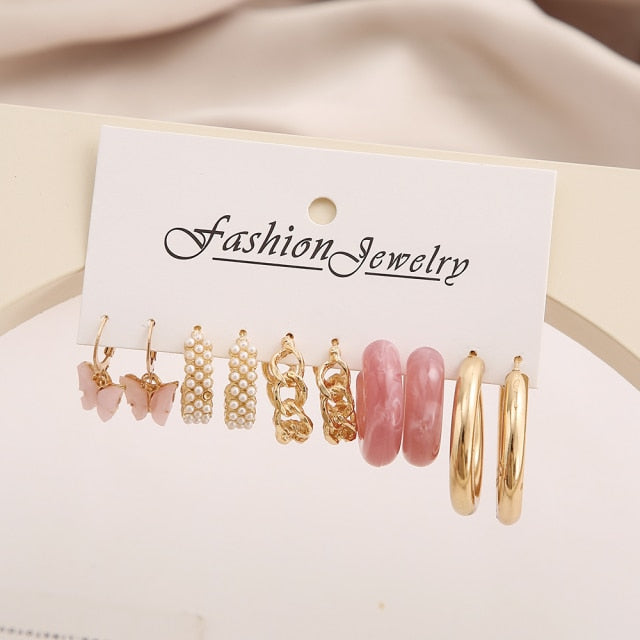 Trendy Exquisite Pearl Metal Earrings Set For Women Geometric Circle Dangle Drop Earrings Acrylic Set of Earrings Jewelry