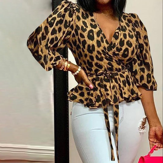 Celmia Women Elegant Blouses  Office Tunic Shirt Sexy Deep V-Neck Leopard Print Belted 2021 Fashion Tops Ruffles Blusas Feminina
