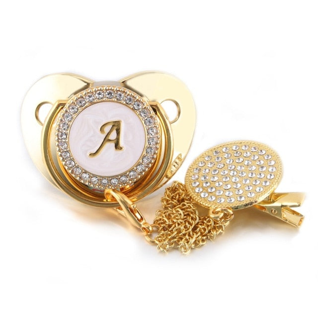 26 Name Initial Letter Baby Pacifier and Pacifier Clips BPA Free Silicone Infant Nipple Gold Bling Newborn Dummy Soother