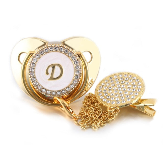 26 Name Initial Letter Baby Pacifier and Pacifier Clips BPA Free Silicone Infant Nipple Gold Bling Newborn Dummy Soother