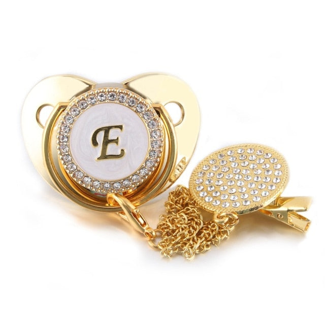 26 Name Initial Letter Baby Pacifier and Pacifier Clips BPA Free Silicone Infant Nipple Gold Bling Newborn Dummy Soother