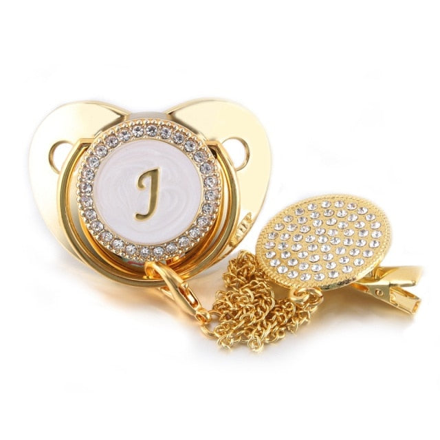 26 Name Initial Letter Baby Pacifier and Pacifier Clips BPA Free Silicone Infant Nipple Gold Bling Newborn Dummy Soother