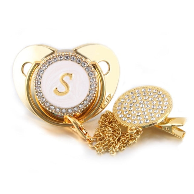 26 Name Initial Letter Baby Pacifier and Pacifier Clips BPA Free Silicone Infant Nipple Gold Bling Newborn Dummy Soother