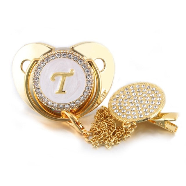 26 Name Initial Letter Baby Pacifier and Pacifier Clips BPA Free Silicone Infant Nipple Gold Bling Newborn Dummy Soother