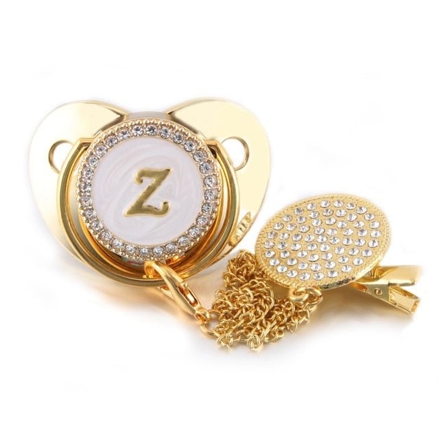 26 Name Initial Letter Baby Pacifier and Pacifier Clips BPA Free Silicone Infant Nipple Gold Bling Newborn Dummy Soother