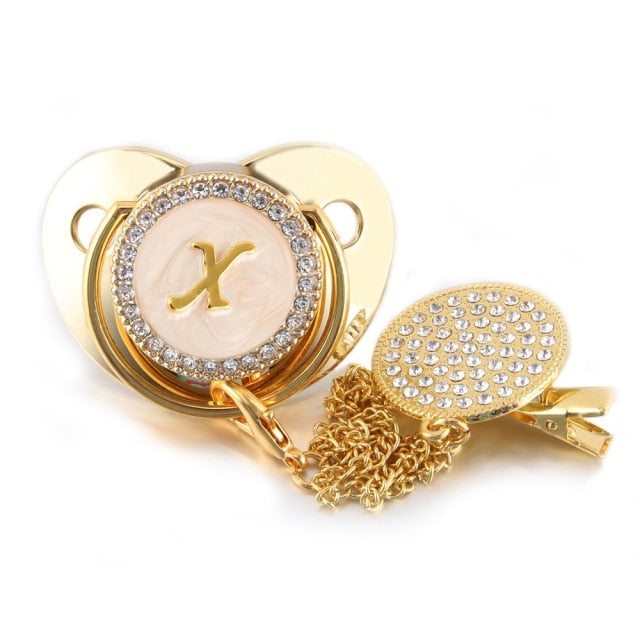 26 Name Initial Letter Baby Pacifier and Pacifier Clips BPA Free Silicone Infant Nipple Gold Bling Newborn Dummy Soother