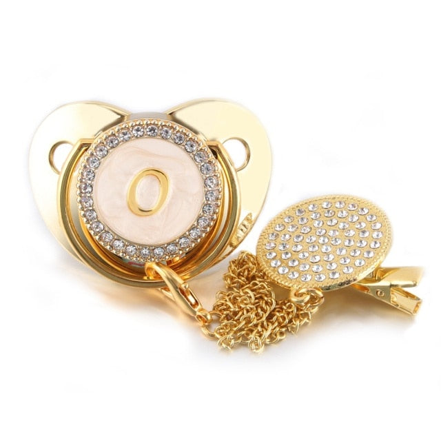 26 Name Initial Letter Baby Pacifier and Pacifier Clips BPA Free Silicone Infant Nipple Gold Bling Newborn Dummy Soother