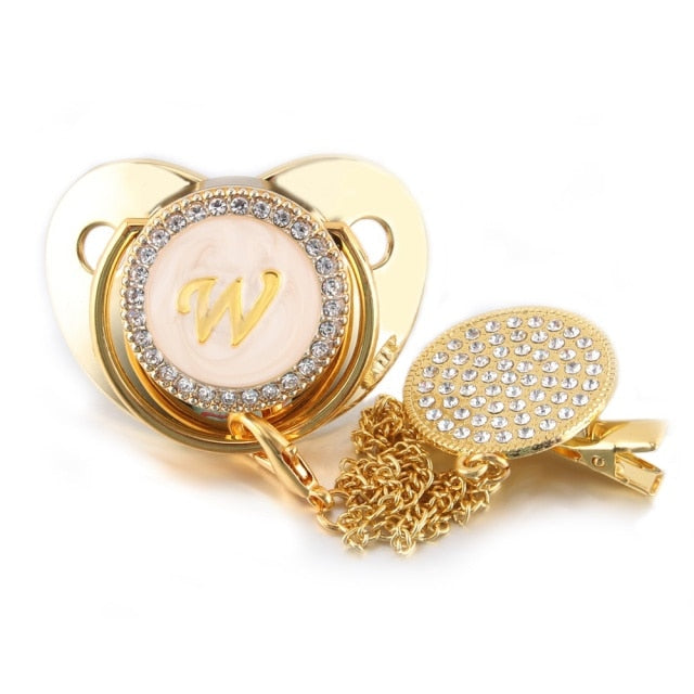 26 Name Initial Letter Baby Pacifier and Pacifier Clips BPA Free Silicone Infant Nipple Gold Bling Newborn Dummy Soother