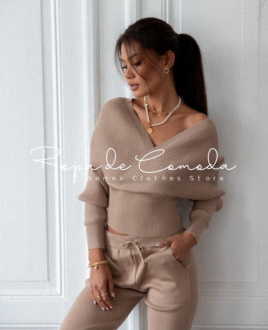 Sexy Sweater Set Tracksuit 2 Pieces Women Solid Color Off Shoulder Batwing Sleeve Suit V Neck Pencil Trouser 2021 New Fall
