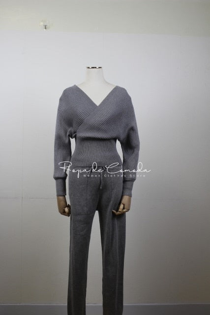 Sexy Sweater Set Tracksuit 2 Pieces Women Solid Color Off Shoulder Batwing Sleeve Suit V Neck Pencil Trouser 2021 New Fall