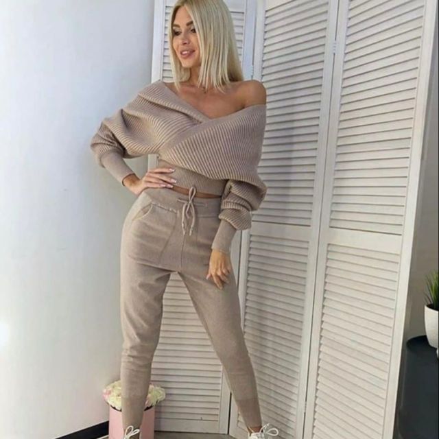 Sexy Sweater Set Tracksuit 2 Pieces Women Solid Color Off Shoulder Batwing Sleeve Suit V Neck Pencil Trouser 2021 New Fall