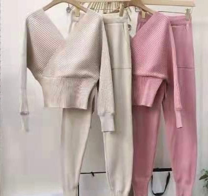 Sexy Sweater Set Tracksuit 2 Pieces Women Solid Color Off Shoulder Batwing Sleeve Suit V Neck Pencil Trouser 2021 New Fall