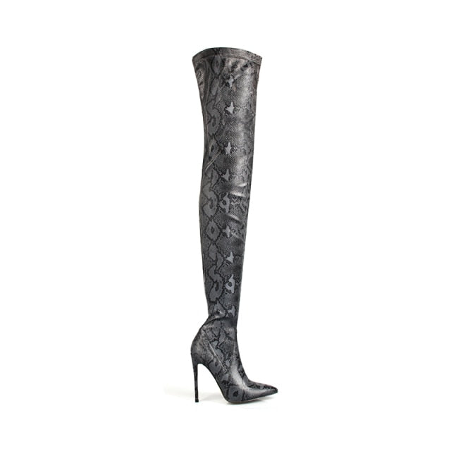 Perixir Thigh High Over the Knee Boots for Women Shoes Snakeskin Pointed Toe Super Thin High Heels Long Boots in Winter 2020