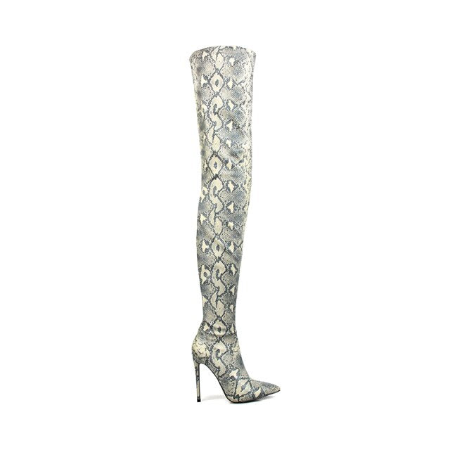 Perixir Thigh High Over the Knee Boots for Women Shoes Snakeskin Pointed Toe Super Thin High Heels Long Boots in Winter 2020