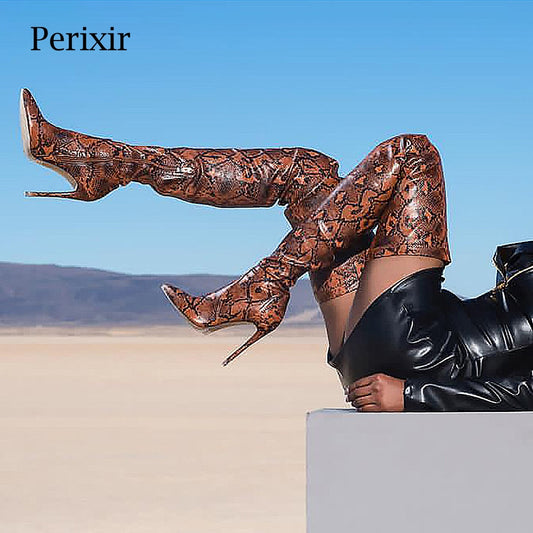 Perixir Thigh High Over the Knee Boots for Women Shoes Snakeskin Pointed Toe Super Thin High Heels Long Boots in Winter 2020